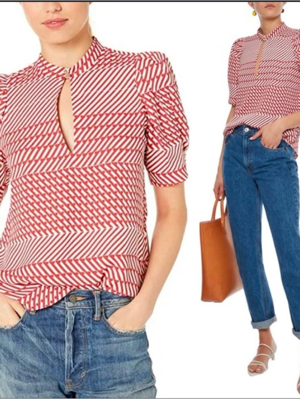 JOIE Red & White Geometric Keyhole Blouse - Women